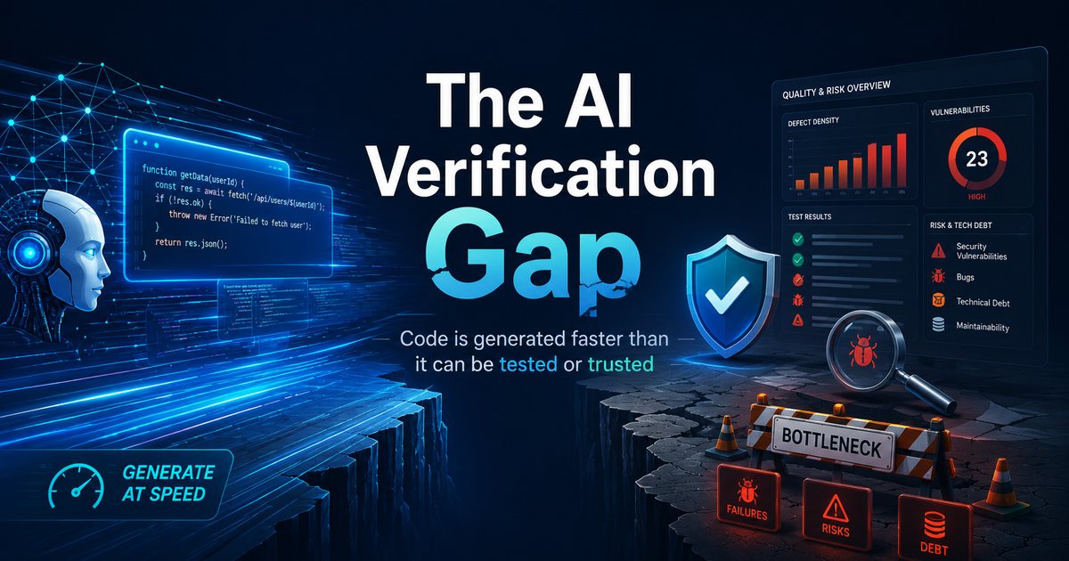 Illustration of the AI verification gap: AI code generation flowing into a chasm of bugs, vulnerabilities and technical debt while a quality dashboard tracks the damage.